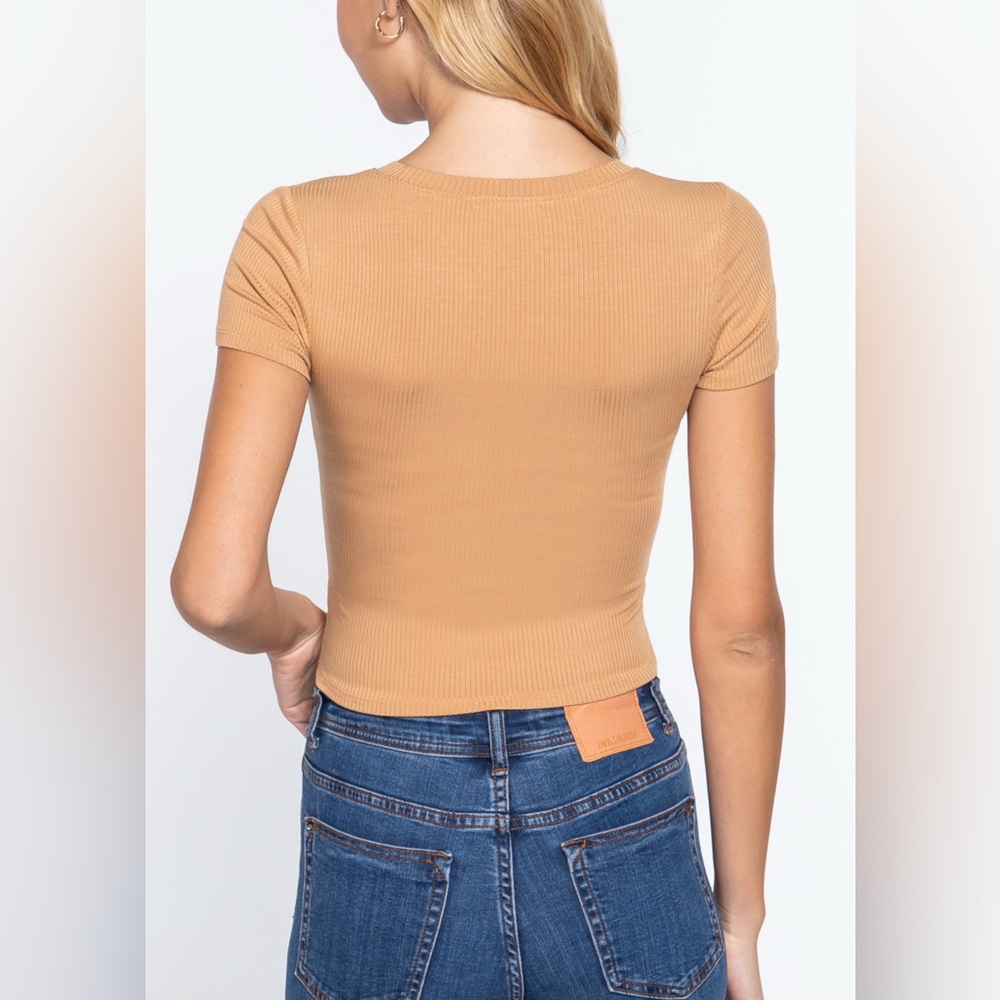 Tan Ribbed Short Sleeve Top - MEDIUM - Picture 4 of 8